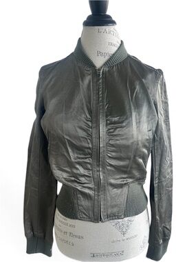 Women's Leather Bomber Jacket Bebe fitted sexy look- military green color
